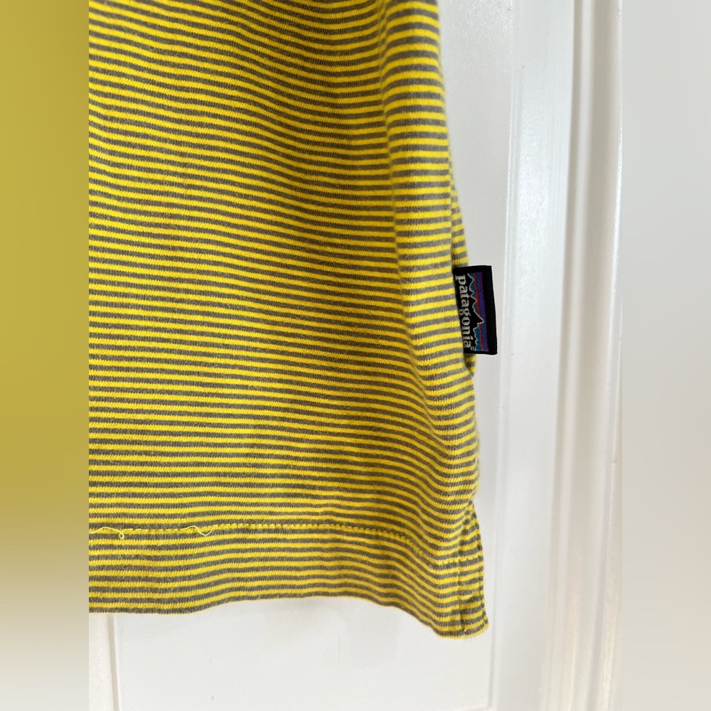 Patagonia Polo Shirt Mens Large Yellow Stripe Short Sleeve Organic Cotton Hiking - Picture 4 of 7